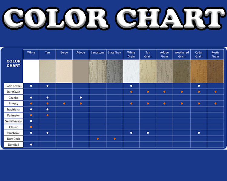Vinyl fence color chart showing White, Tan, Beige, Adobe, Sandstone, Slate Gray and wood-grain finishes